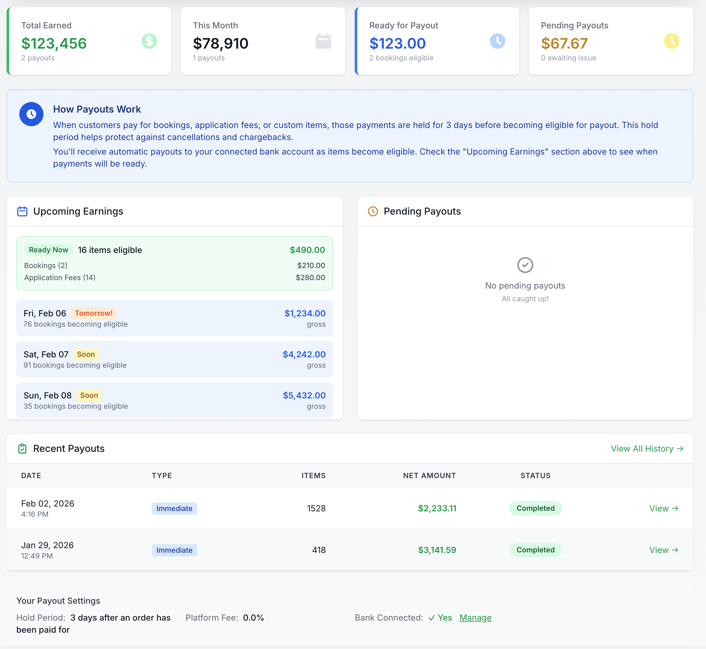 Payout summary with itemized breakdown and payment history