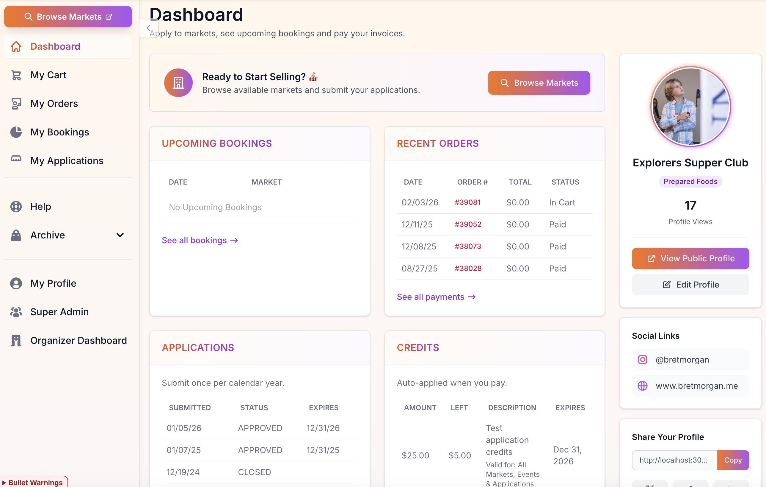 Vendor dashboard with upcoming events