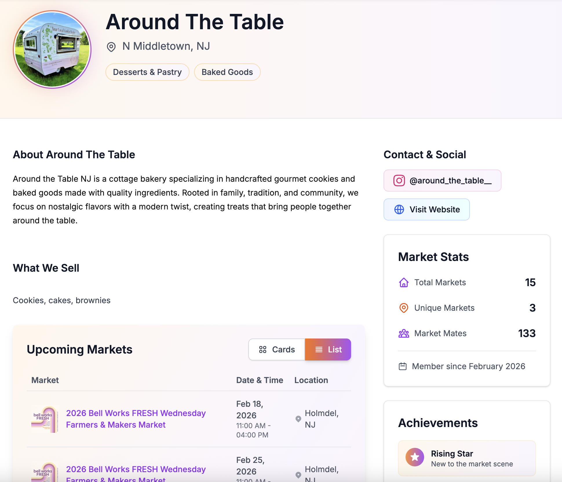 Public vendor profile page